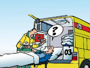Cartoon van een ambulance met een patiënt en een ambulanceverpleegkundige